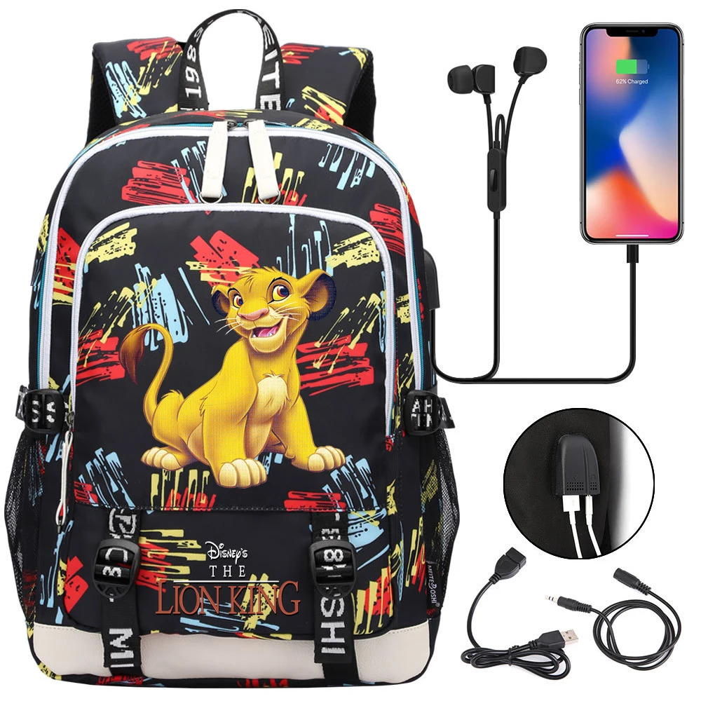 

Disney The Lion King Simba Backpacks Teenager USB Charging Laptop Backpack Women Men Rucksack Mochila Travel Bag