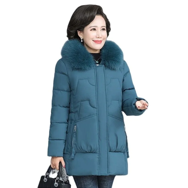 

New Winter Parkas Middle-Aged Down Cotton Jacket Women Hooded Mid-Length Mom Coat Plus Velvet Thick Warm Overcoat Female G2778
