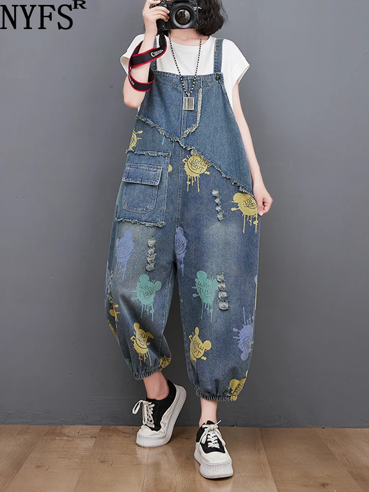 Женский джинсовый комбинезон NYFS свободный с принтом большие размеры весна-осень