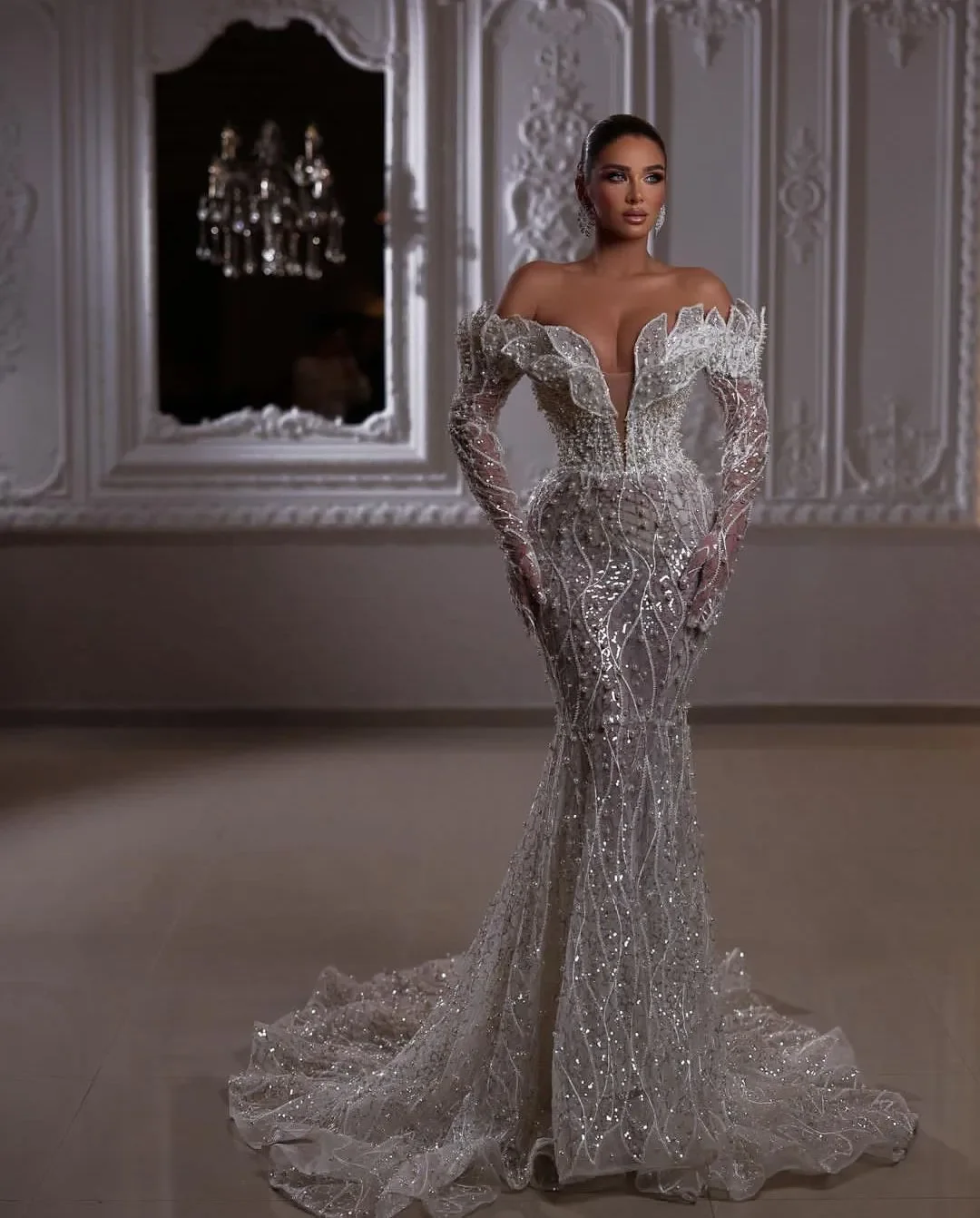

New Custom Gorgeous Evening Dresses Mermaid Sweetheart Off-Shoulder Long Sleeve Floor-Length Sweep Train Beaded Crystal Lace