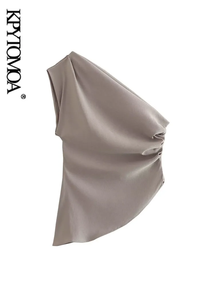 

KPYTOMOA Women Fashion Asymmetric Ruffled Blouses Sexy Exposed Shoulder Side Gathered Female Shirts Blusas Chic Tops