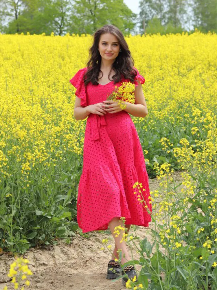 Женский пляжный сарафан средней длины элегантное розовое платье-трапеция с