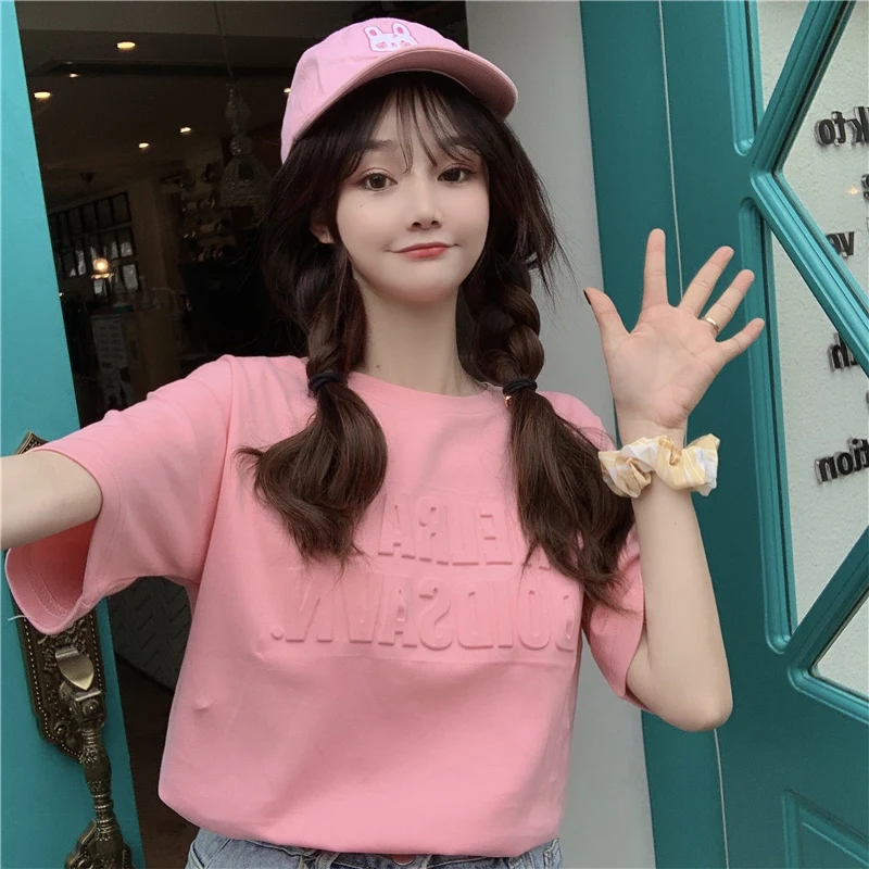 Повседневная Свободная футболка с коротким рукавом и круглым вырезом буквенным