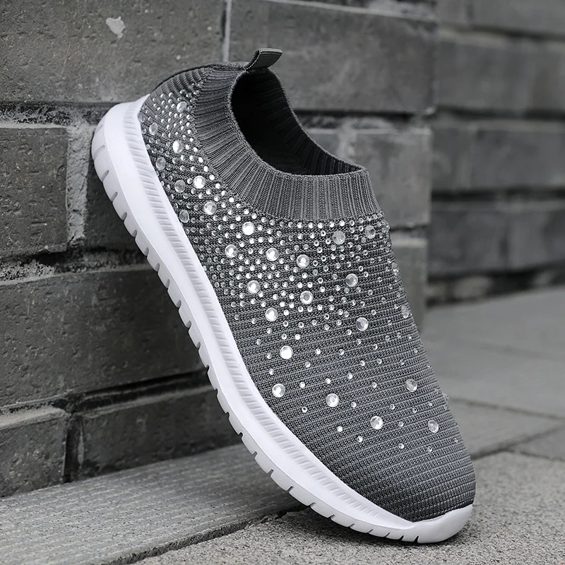 2022 Vulcanized Shoes Sneakers Women Trainers Knitted Sneakers Ladies Slip-on Sock Shoes Sparkly Crystal Zapatillas Mujer Casual