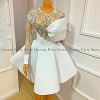 white cocktail dresses sexy o neck long sleeves see through lace beading satin party gown a line short evening dress