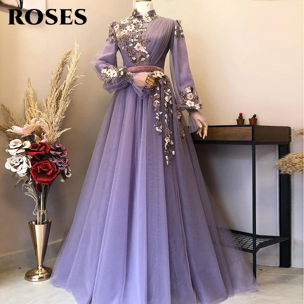 

Grape Appliques Caftan Evening Dresses Sashes Long Sleeves Elegant Arabic Muslim Party-Dress Beading Moroccan Prom Dresses