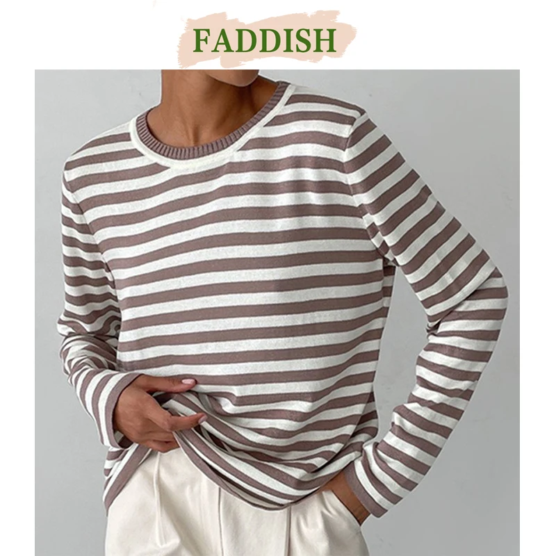 

FADDISH 2023 Autumn Winter Women Fashion Loose Round Neck Stripe Knitted Sweater Female Casual Long Sleeve Warm Tops Pullovers