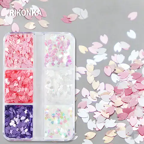 Shiny white pink petals sakura set of 3D globe for nails mixed flower flakes DIY Summer charming details for professors ...