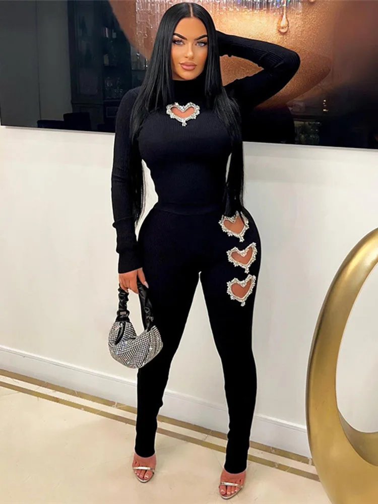 Sifreyr модный брючный комплект Водолазка с длинным рукавом вырезами металлический