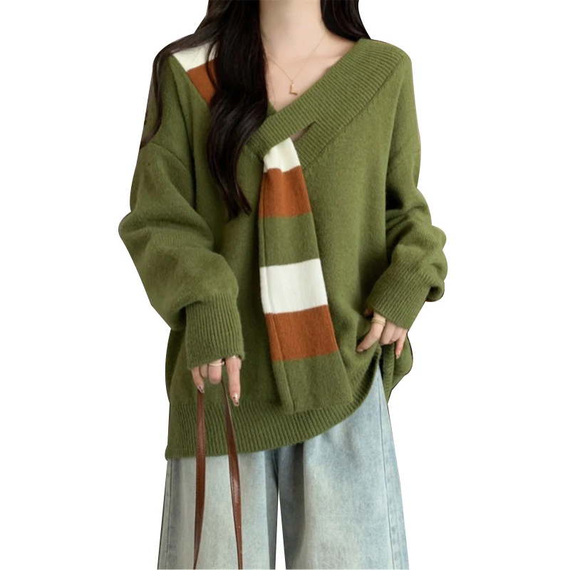 Женский свитер контрастных цветов в полоску с V-образным вырезом топ из двух