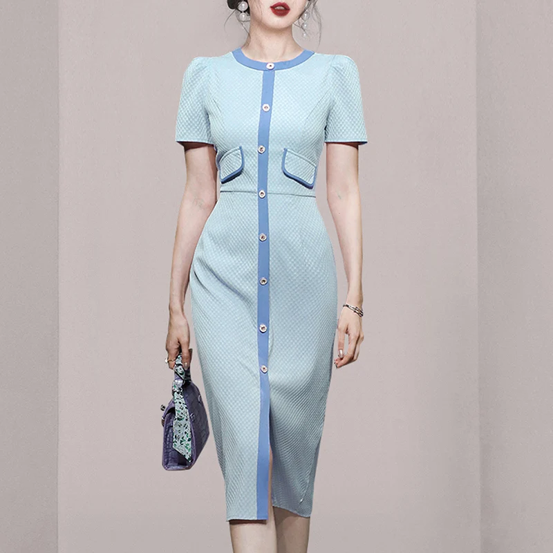 

High quality Summer For Women Elegant Midi Bodycon Dress Office Ladies Solid Clothing Femme Fashion Single Breasted Dresses
