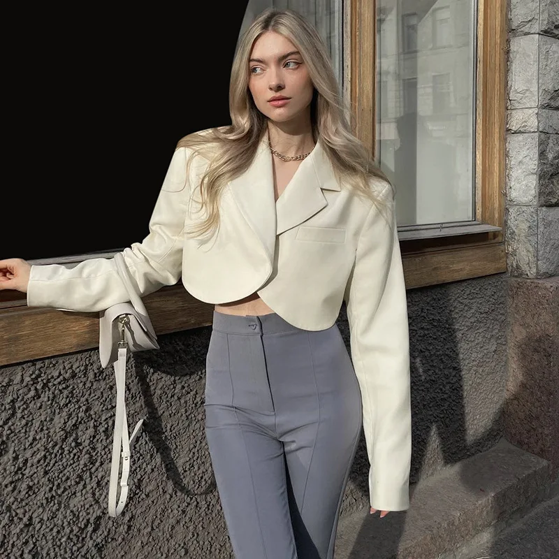 

Женские короткие пальто с лацканами, однотонный кардиган с длинными рукавами, Новинка осени 2022, модный универсальный костюм, куртки для жен...