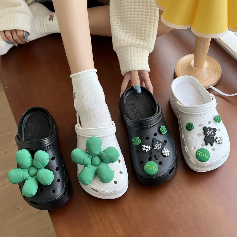 

Flat Shoes Female Flower Ladies' Slippers Fretwork Heels Med Luxury Slides Cover Toe Soft Designer Rome PU Floral Fabric Rubber