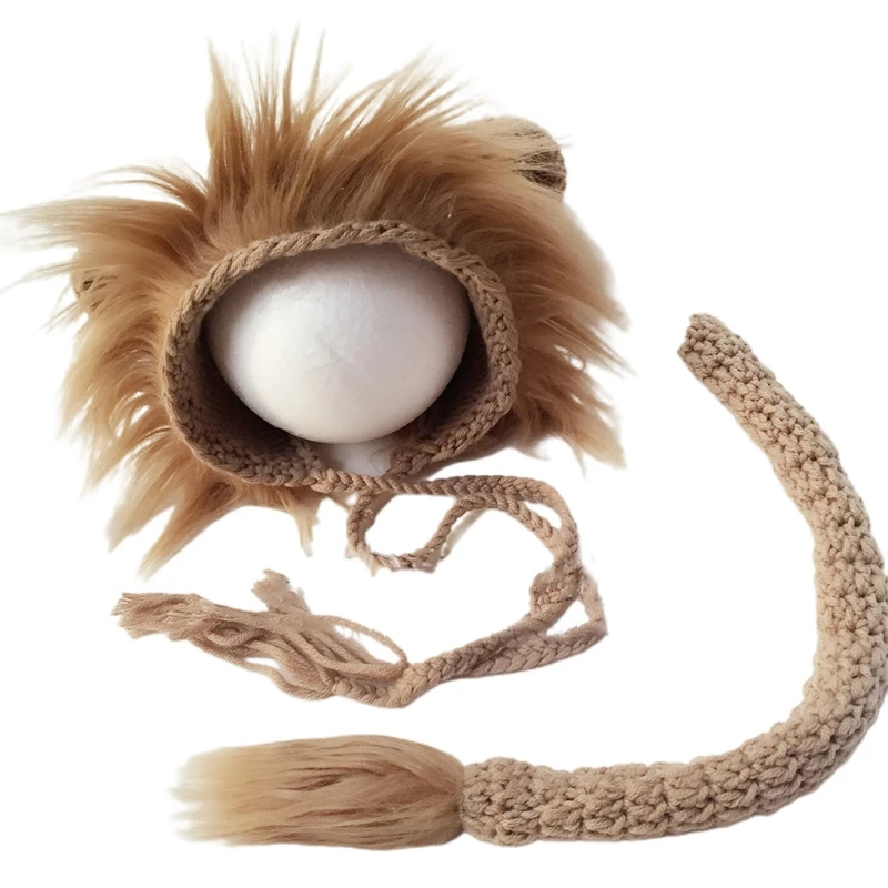 

2 Pcs Baby Props Lion Hat Tail Set Newborn Photography Costumes Handmade Knitted Clothes Boys Girls Photo Shooting Outfits