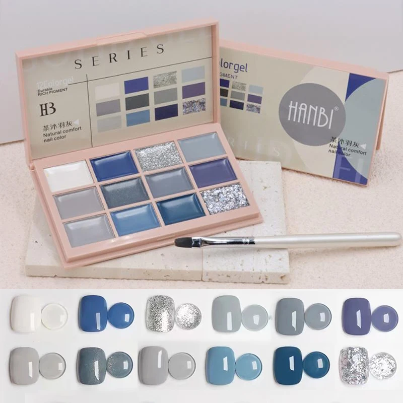 

12 Colors Solid Cream Nail Gel Palette Summer Blue Japanese Mud Painting Gel Semi-Permanent UV LED Gel Nail Polish With UV Brush