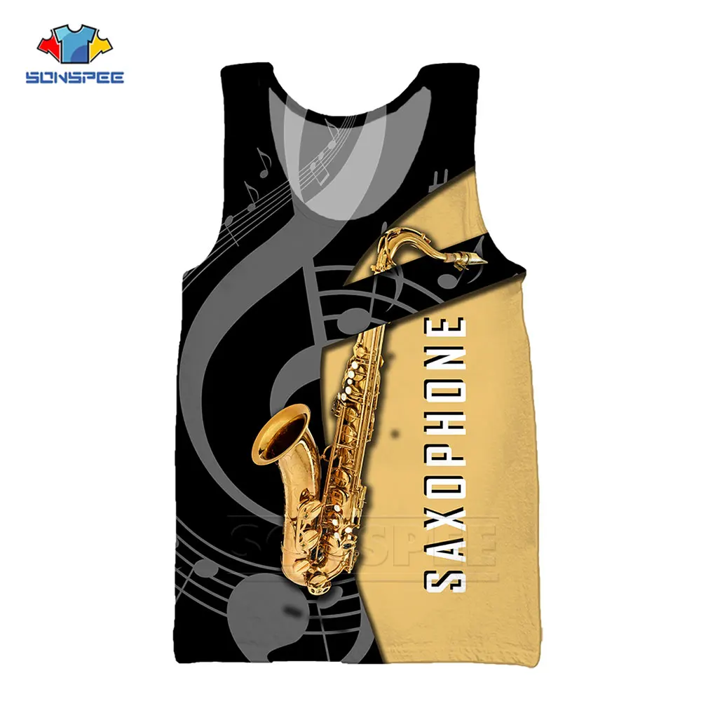 

SONSPEE 3D Print Sax Guitar Clarinet Men's Vest Classic Music Instruments Short Sleeve Summer Casual Trend Design Tank Tops