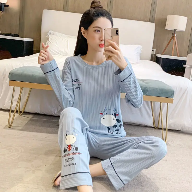 Cartoon Pajamas Woman Pyjamas Set Round Neck Pit Strip Long Sleeve Sleepwear Sweet Simple Loungewear Student Pijama Women Pajama