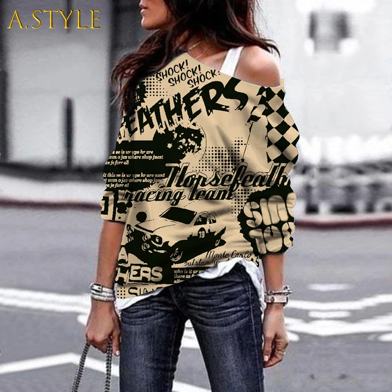 

2021 Autumn Aesthetic Graphic T-shirt Vintage Clothes Sexy & Club Women Clothes Off the Shoulder lady Tops Long Sleeve Tee