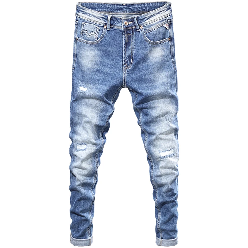 Fashion Designer Men Jeans Retro Light Blue Embroidery Patchwork Ripped Jeans Men Elastic Slim Fit Casual Vintage Denim Pants