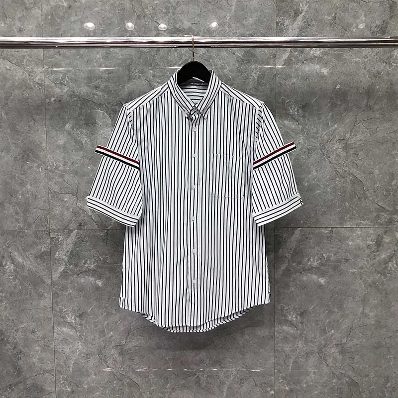 TB THOM Men's Shirt Top Fashion Brand Striped Armband Short Sleeve Slim Casual Summer Men's Clothing Poplin Cotton Unisex Shirts