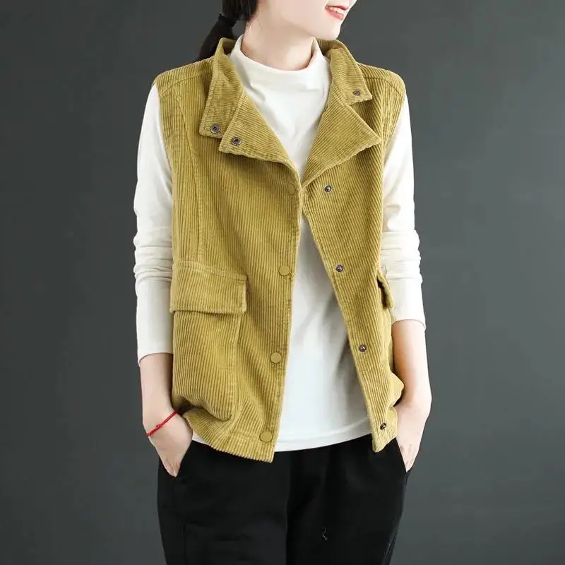 

Corduroy Vests Women Streetwear Pockets Autumn Coats Tender All-match Ropa Mujer Korean Style Solid Vintage Jacket Female Q300