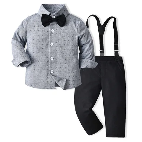 Костюм для маленьких мальчиков из двух предметов, хлопковая рубашка с длинным рукавом и брюки на подтяжках, наряды для мальчиков, джентльменские комплекты одежды