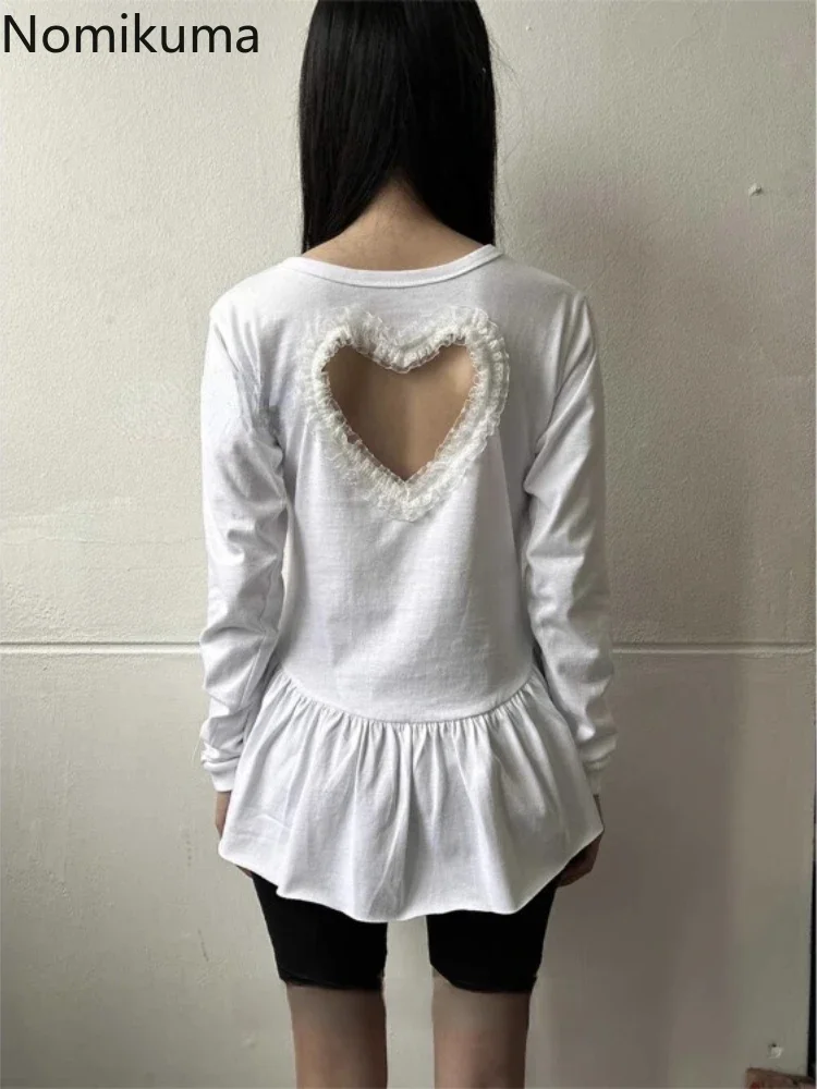 Уличная одежда Y2k Футболки Женская с длинным рукавом и круглым вырезом Кружева Love