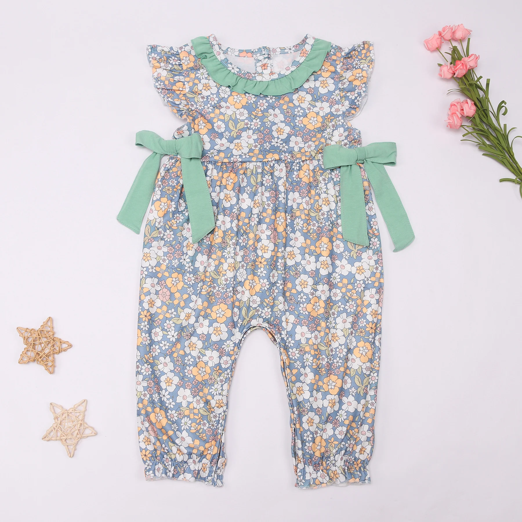 

New Born 0-3T Bubble Lovely Casual Wear Floral Romper Babi Girls Clothes Green Bow Bodysuit Sleeve Pants Shorts Flower One Piece