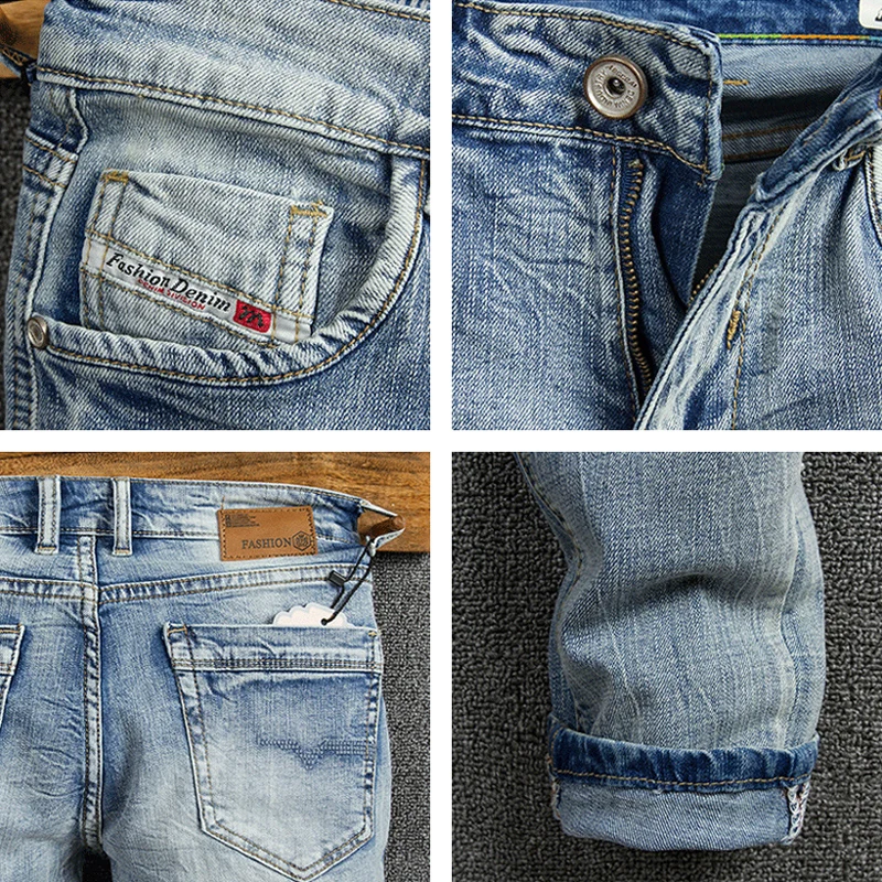 Korean Fashion Men Jeans Retro Light Blue Elastic Slim Fit Ripped Jeans Men Trousers Patch Designer Vintage Denim Pants Hombre