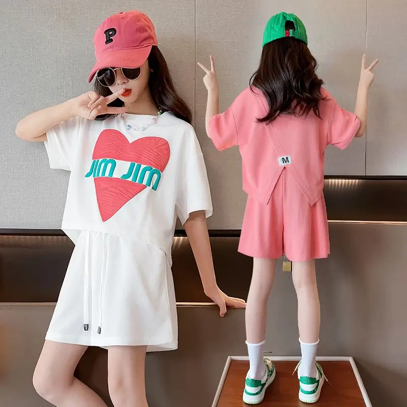 

Summer Teenager Girls Clothes Set Love Tshirt Tops+Short Pants 2pcs Kids Sport Suit Fashion Children Outfits 6 8 10 12 14 Year