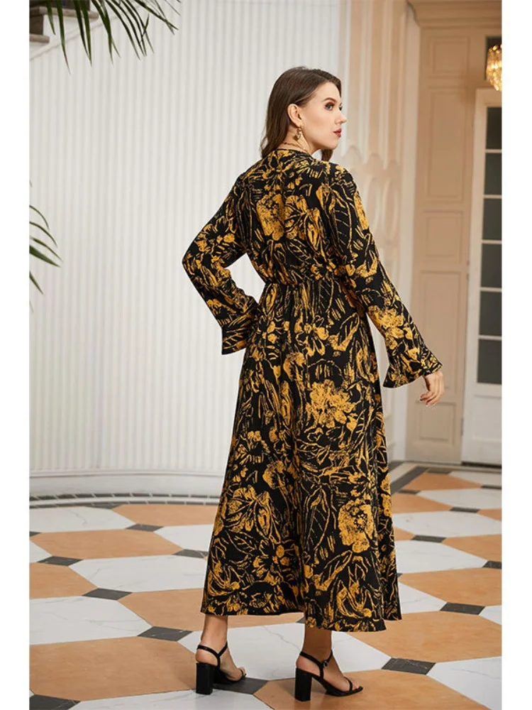 New feminine plus-size women's vintage mid-length loose floral casual V-neck dress plus size women clothing  party dresses