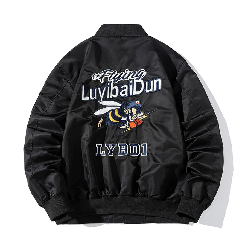 

Cartoon Embroidery Sukajan Baseball Jacket Men Black Blue Rib Cuff Bomber Coat Man Luxury Harajuku Overcoat Y2K Clothes 2023