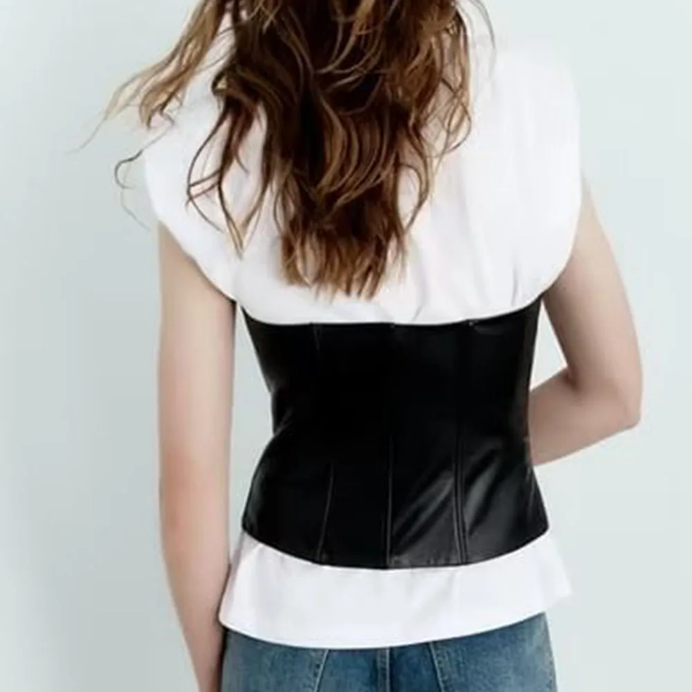 Fall new fashion women sexy versatile black straight collar off-the-shoulder design imitation leather corset top