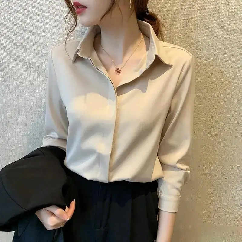 

2023 Autumn Fashion Button Up Satin Silk Shirt Vintage Blouse Women White Lady Long Sleeves Female Loose Street Shirts A133