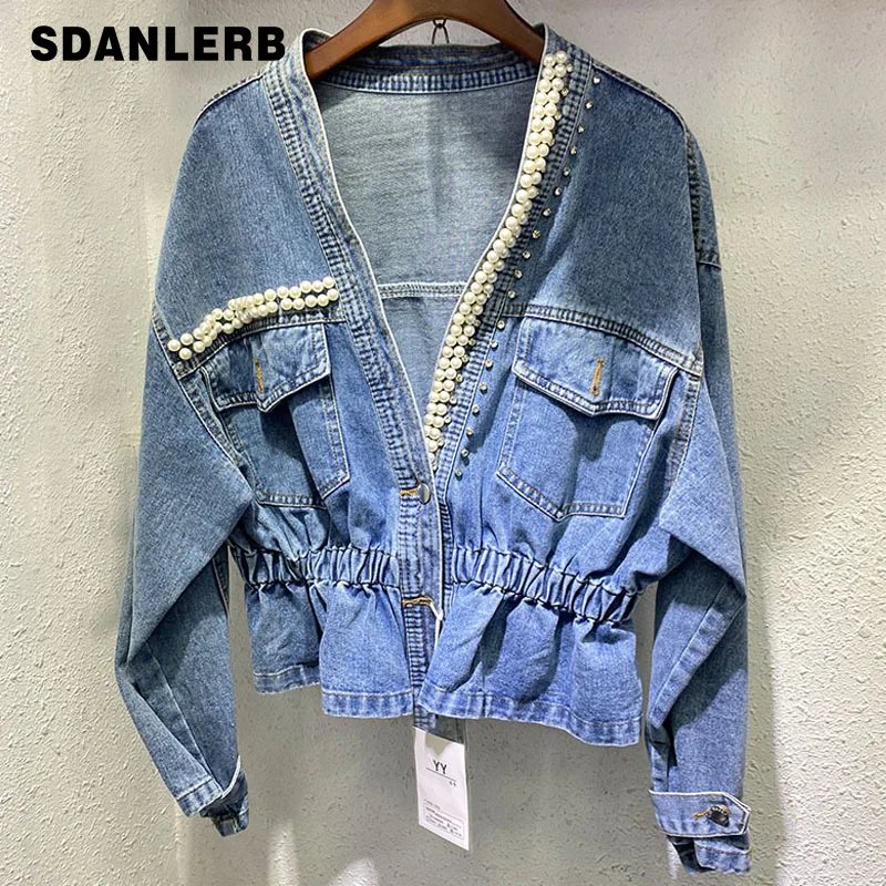 

European Goods Exquisite Rhinestone Beaded V-neck Denim Jacket for Women 2022 Early Spring New Waist-Tight Slimming Short Coat