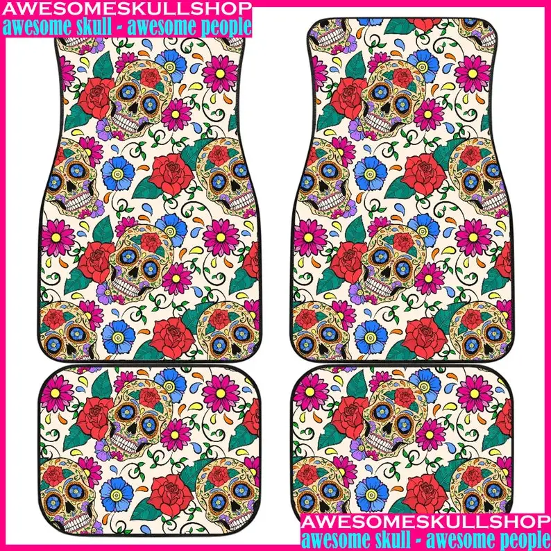 

Set 4 pcs Sugar skull day of the dead mexico skull car mat, sugar skull car accessories, skull car protector, skull mat carpet s