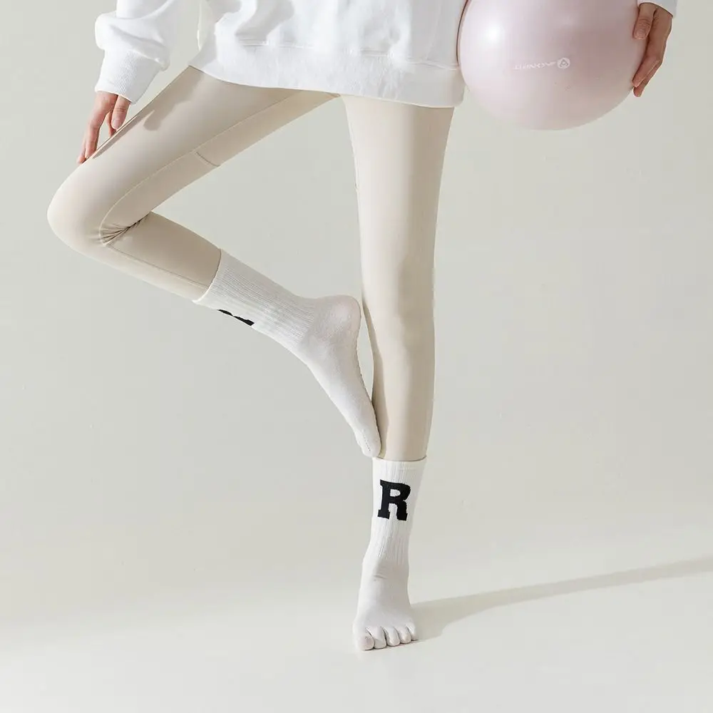 

New Woman Girl Harajuku Letter Five-finger Socks Silicone Non-slip Middle Tube Sports Socks Split Toe Yoga Socks Female Hosiery