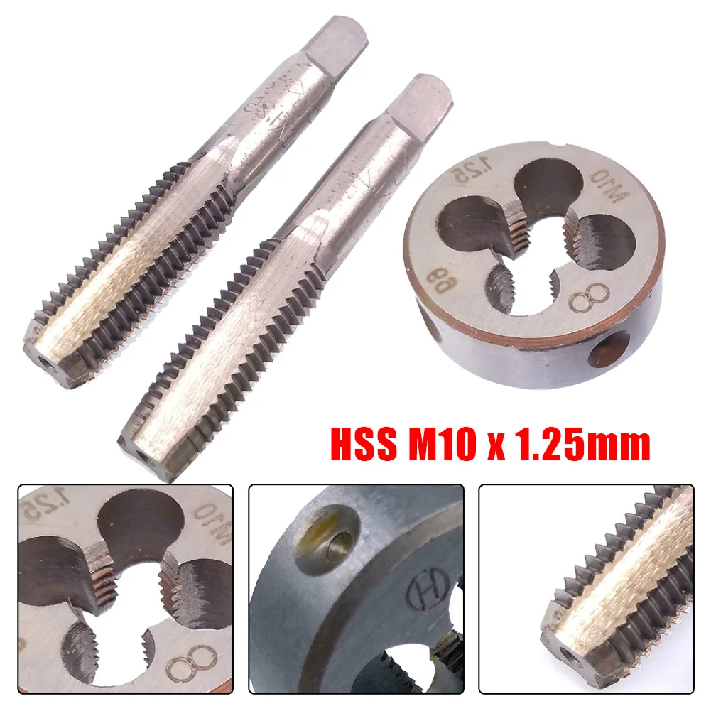 

HSS M10x1.25mm Taper & Plug Tap & M10x1.25mm Die Metric Thread Right Hand HSS Screw Tap Drill Bit Set Straight Flute Plug Taps