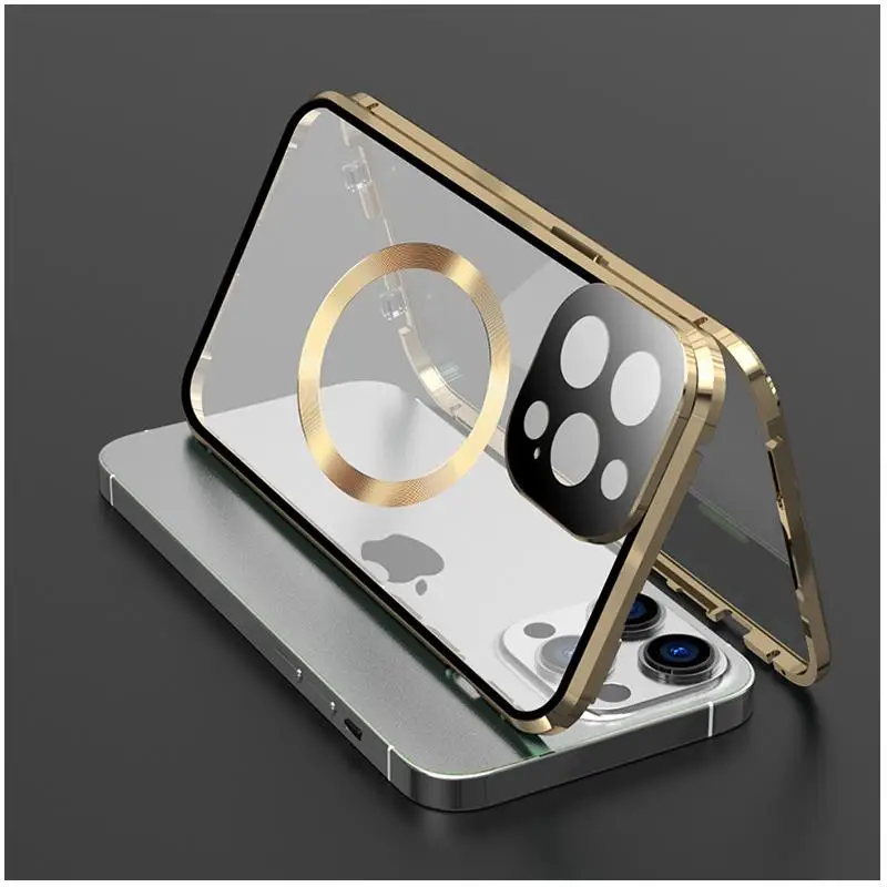 

Чехол для iPhone 15 14 12 13 Pro Max, полностью герметичный стеклянный металлический корпус на 360 ° для Magsafe, Магнитный защитный чехол для беспроводной зарядки