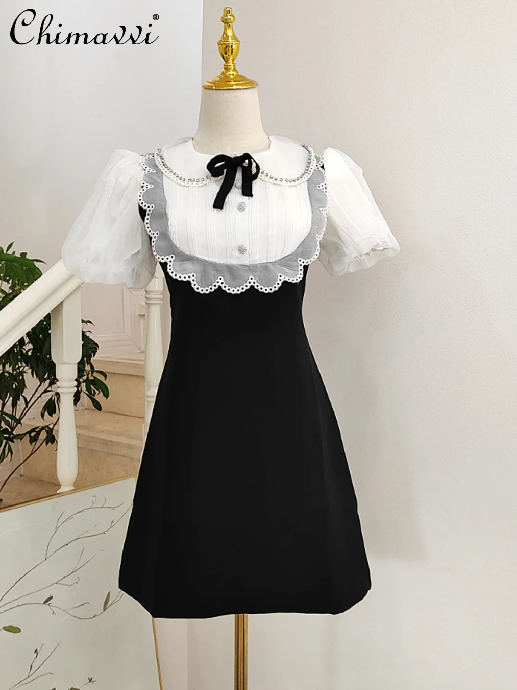 

2022 Summer new fashion elegant sweet Doll Collar above knee dress women Mesh Stitching Embroidery Hollow Bow Puff Sleeve Dress