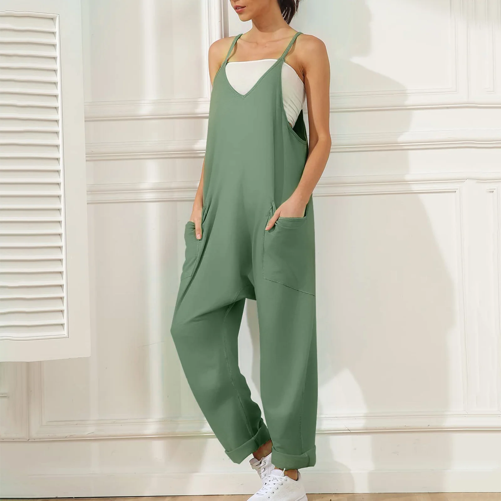 

Loose Baggy Jumpsuit For Womens Sleeveless Solid Color Spaghetti Strap Overalls Rompers With Pockets Ladies Casual Jumpsuits
