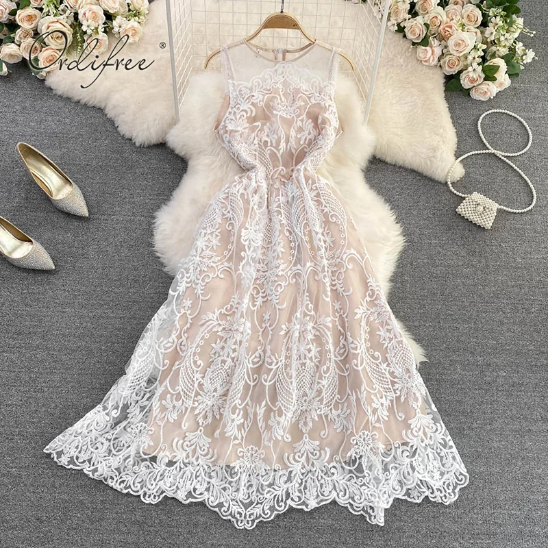 

Женское длинное вечернее платье Ordifree, белое кружевное пляжное платье макси без рукавов с вышивкой в винтажном стиле, лето 2022