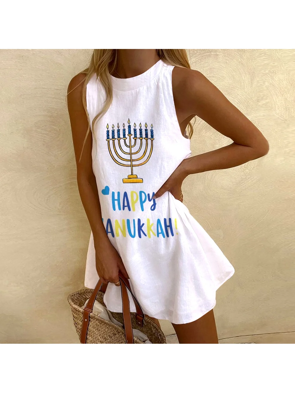 Пляжное платье без рукавов с круглым вырезом и принтом Happy Hanukkah женское шикарное