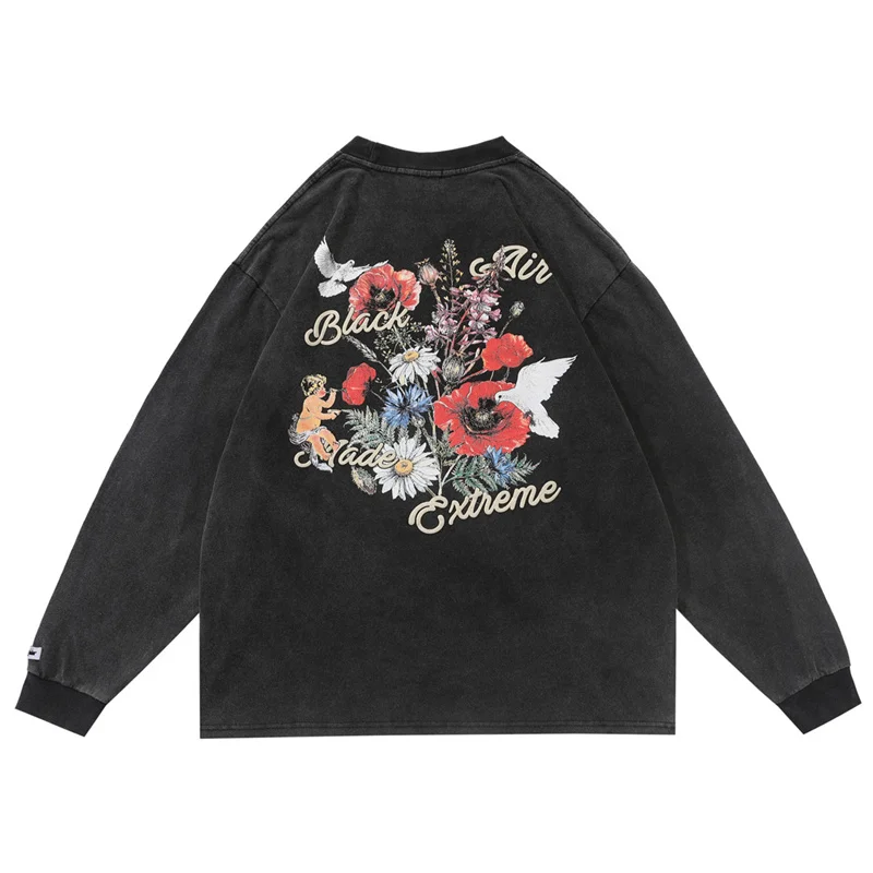 

Men Hip Hop T Shirt Vintage Washed Streetwear Letter Angel Flower Printed Oversized Tops 2022 Harajuku Gothic Cotton T-shirts