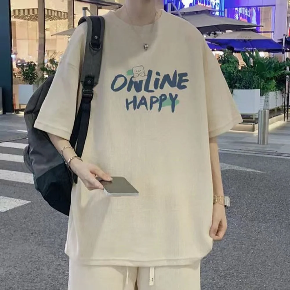 2023 Men's Summer New Print Set Short Sleeve Shorts Two Piece Set Loose Size Waffle Casual Breathable Men's Sports Youth Clothin