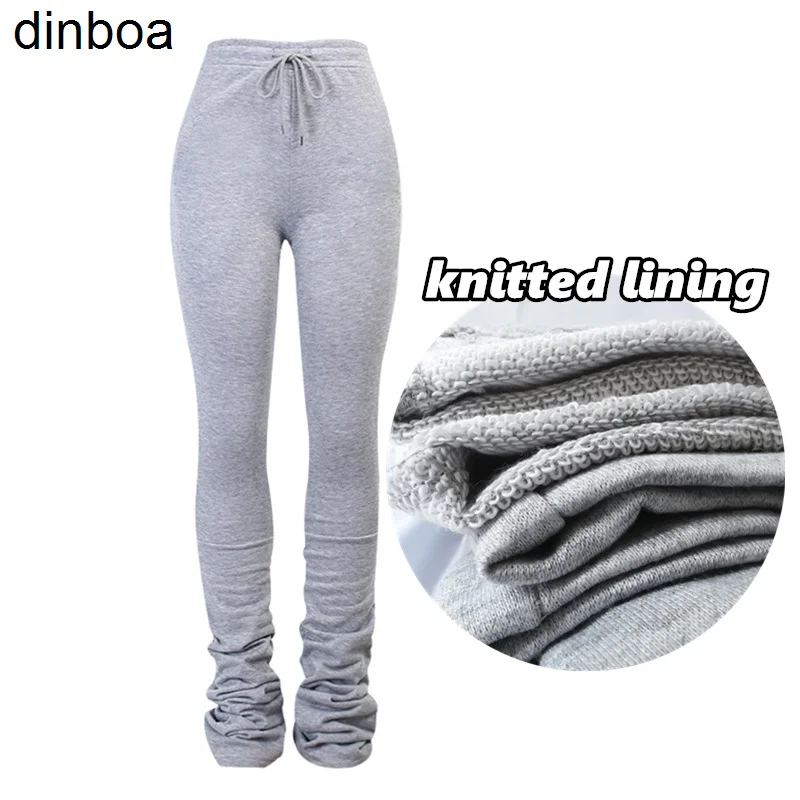 

Dinboa-2022 Street Style Gray Sweatpants for Women Drawstring Casual Y2k Extra Long Stacked Pants Winter Thick Warm Trousers