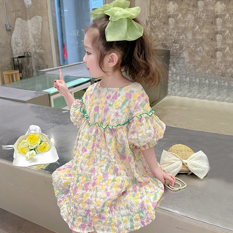

NEW Summer Girls Colorful Floral Dress French Puff Sleeves Princess Beach Party Dresses 2-7Y Vestidos Children Korean Clothes