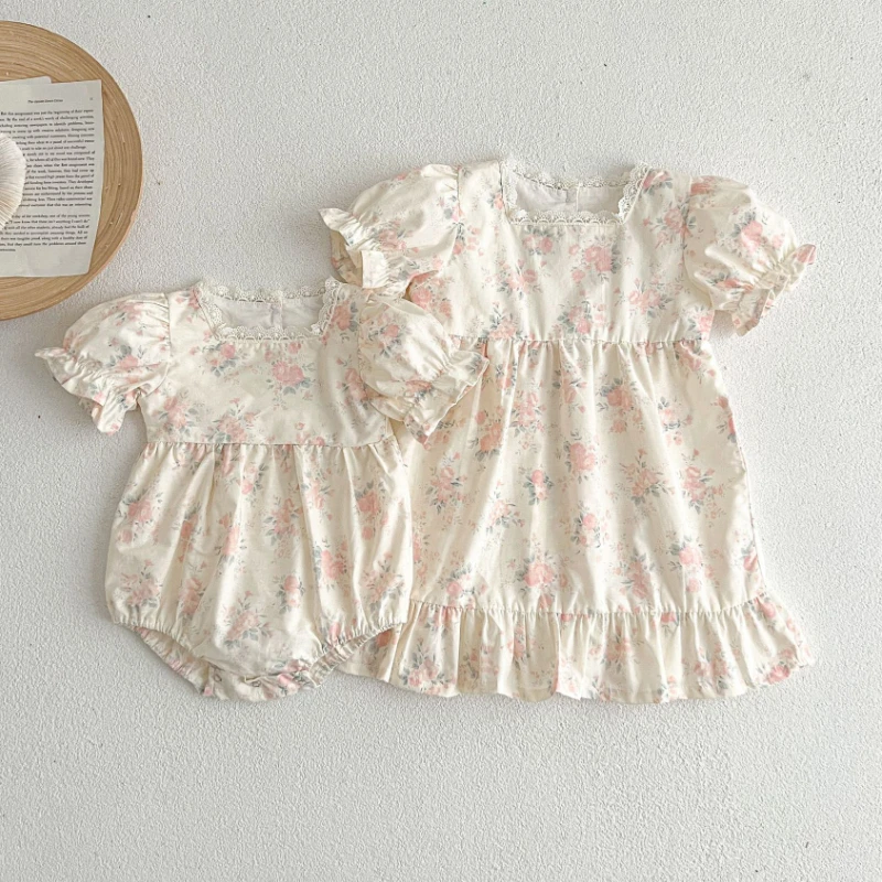 

Летнее кружевное платье с цветочным рисунком и квадратным вырезом для девочек; Милое боди для девочек; Платье для сестры; Детские платья для девочек