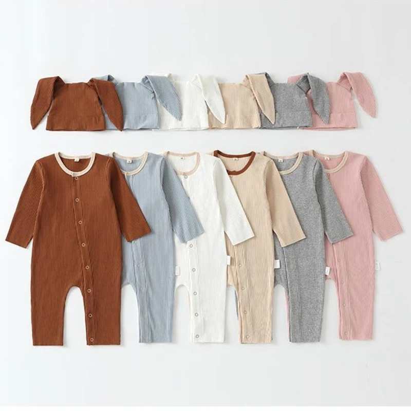 

Однотонный комбинезон для новорожденных мальчиков и девочек, боди с шапкой, хлопковая одежда с длинными рукавами, кепка в форме