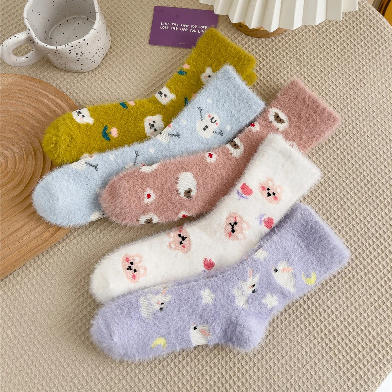 

Fuzzy Cartoon Mink Animal Lady Cute Winter Candy Kawaii Plus Thick Velvet Casual Women Socks Fluffy Warm Short Terry Cotton Sock